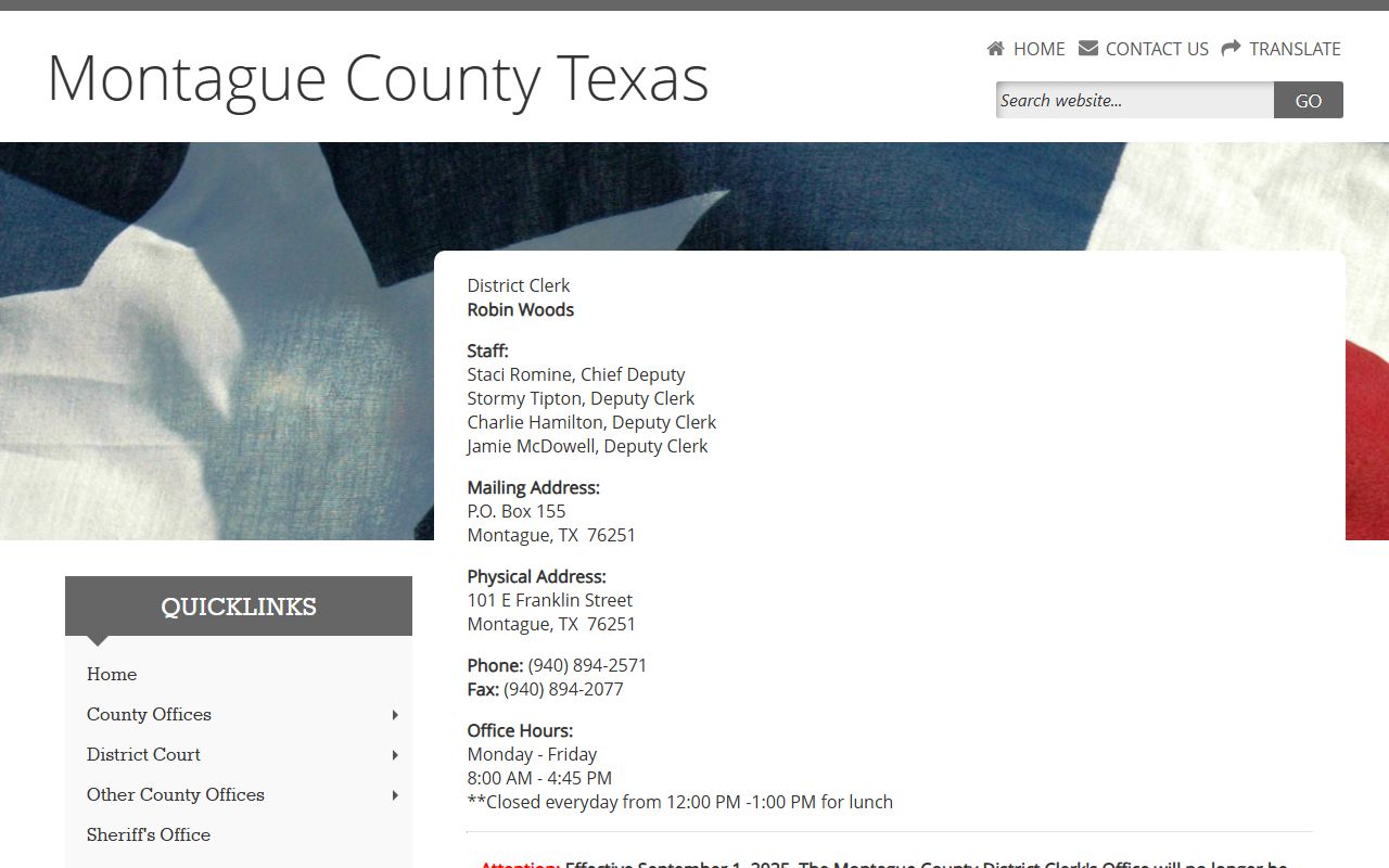 Montague County court records District Clerk contact and request information