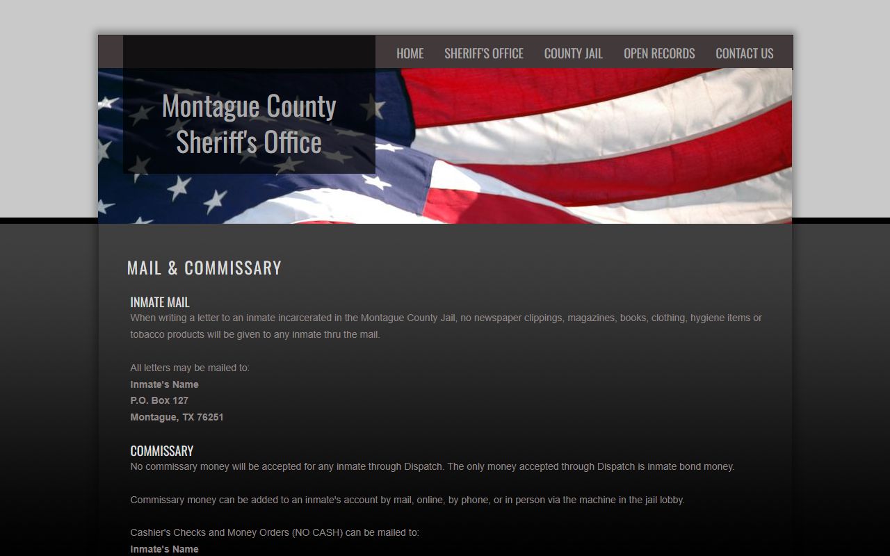Montague County Detention Center inmate mail commissary and money rules